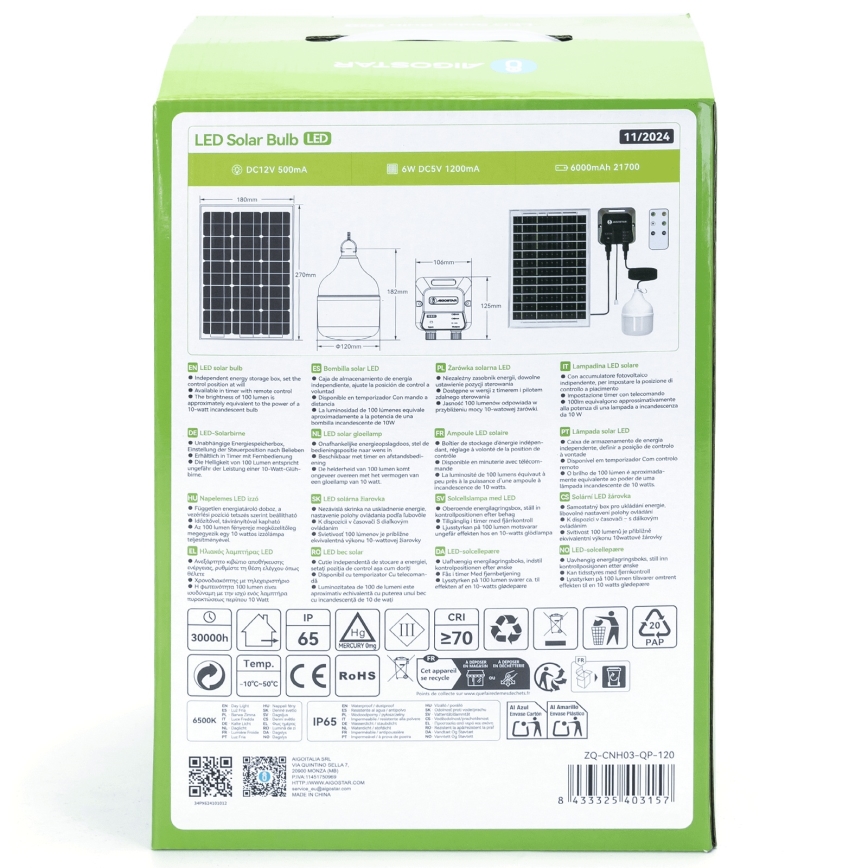 Aigostar - LED Solar kroonluchter LED/70W/12V 6000 mAh 6500K diameter 12 cm + afstandsbediening