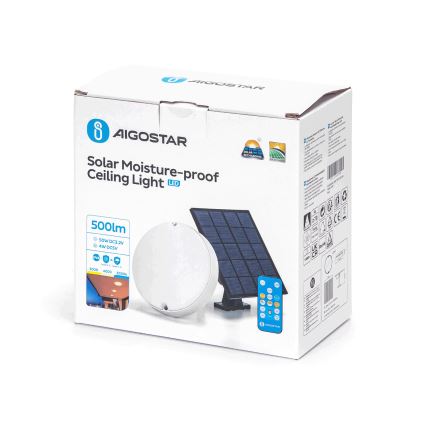 Aigostar - LED Dimbaar zonne- plafond lamp LED/3,2V 3000K/4000K/6500K IP65 + afstandsbediening