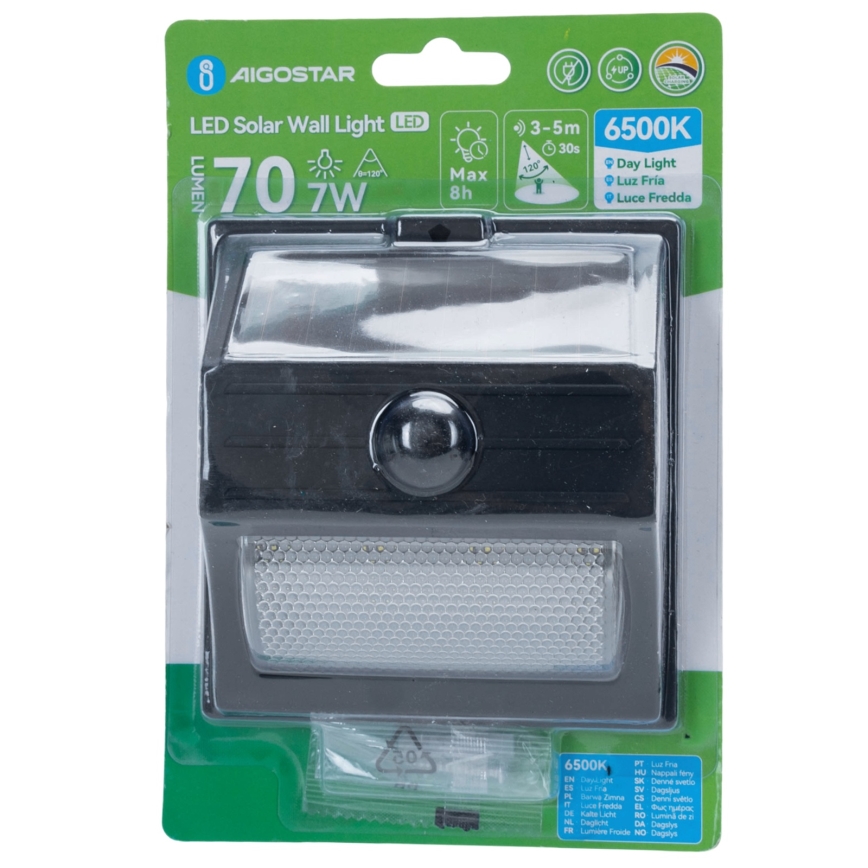 Aigostar - LED solarlamp met sensor LED/3,7V 6500K 500 mAh IP65 zwart