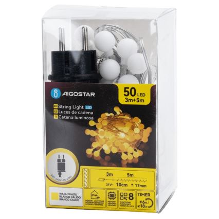 Aigostar - Guirlande décorative LED d'extérieur 50xLED/8 fonctions 5 m IP44 blanc chaud