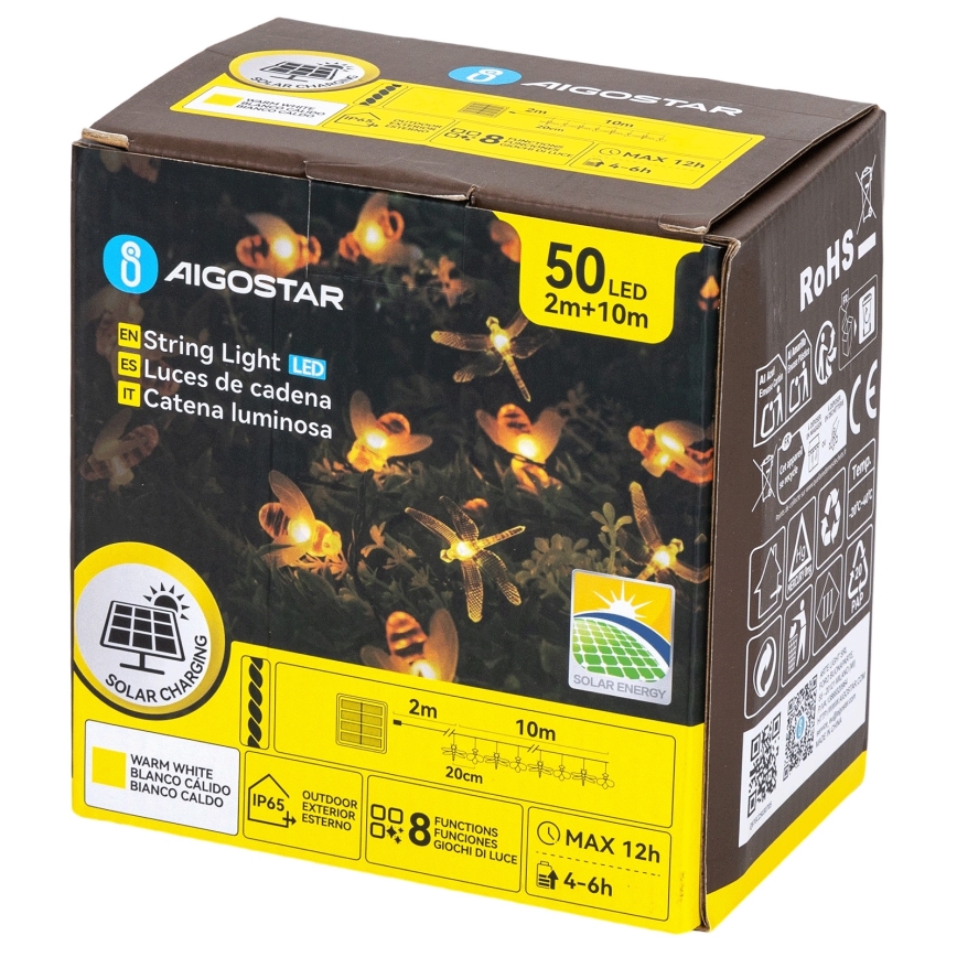Aigostar - LED-zonneslinger, 50 x LED, 8 functies, 10 m, 800 mAh, IP65, warm wit