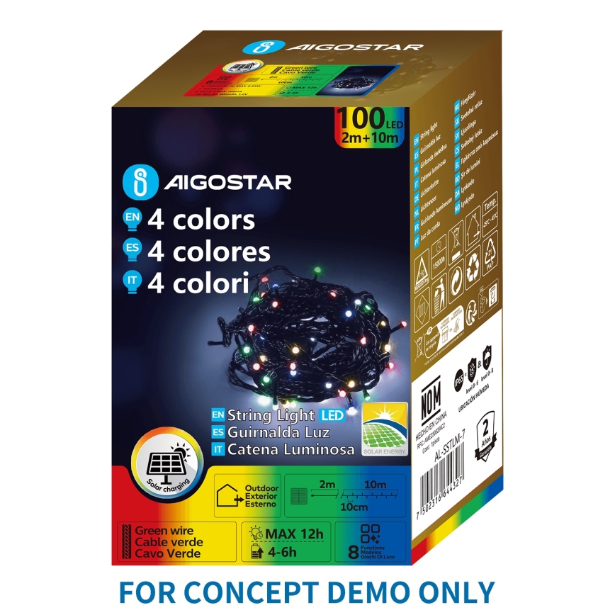 Aigostar - LED zonne-kerstverlichting 200 LEDs / 8 functies, 22 m, IP65, multicolor, 800 mAh