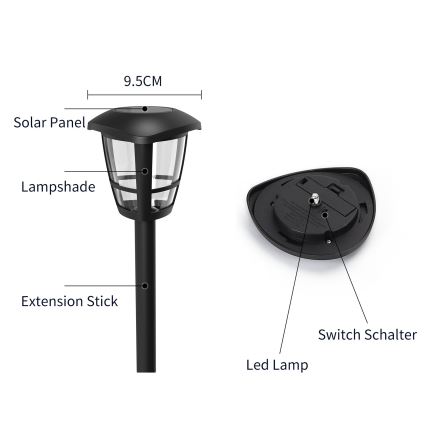 Aigostar - LED Zonne-energie lamp LED/0,06W/2V 100 mAh 33,8 cm 6500K IP44 zwart