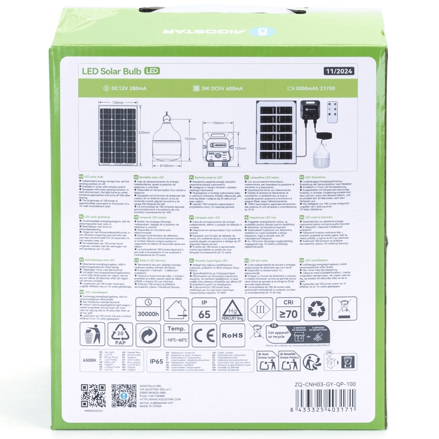 Aigostar - LED solarlamp met sensor LED/35W/12V 3000 mAh 6500K IP65 Ø 10 cm + afstandsbediening