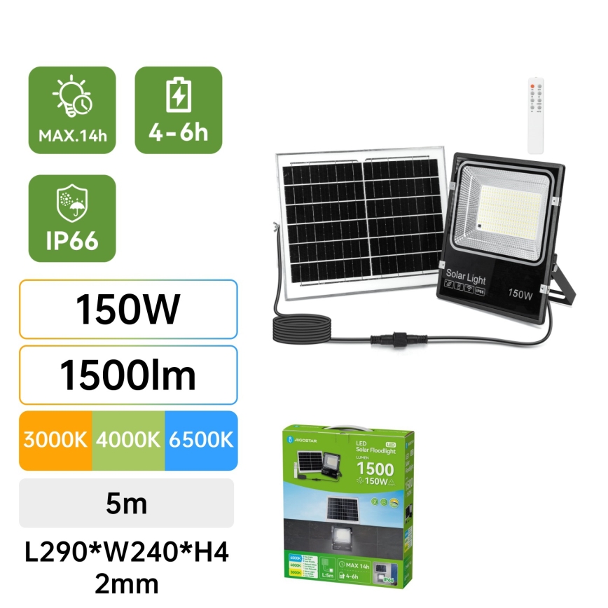 Aigostar - LED zonne-schijnwerper LED/150W/3,2V 3000mAh 3000K/4000K/6500K IP66 + afstandsbediening