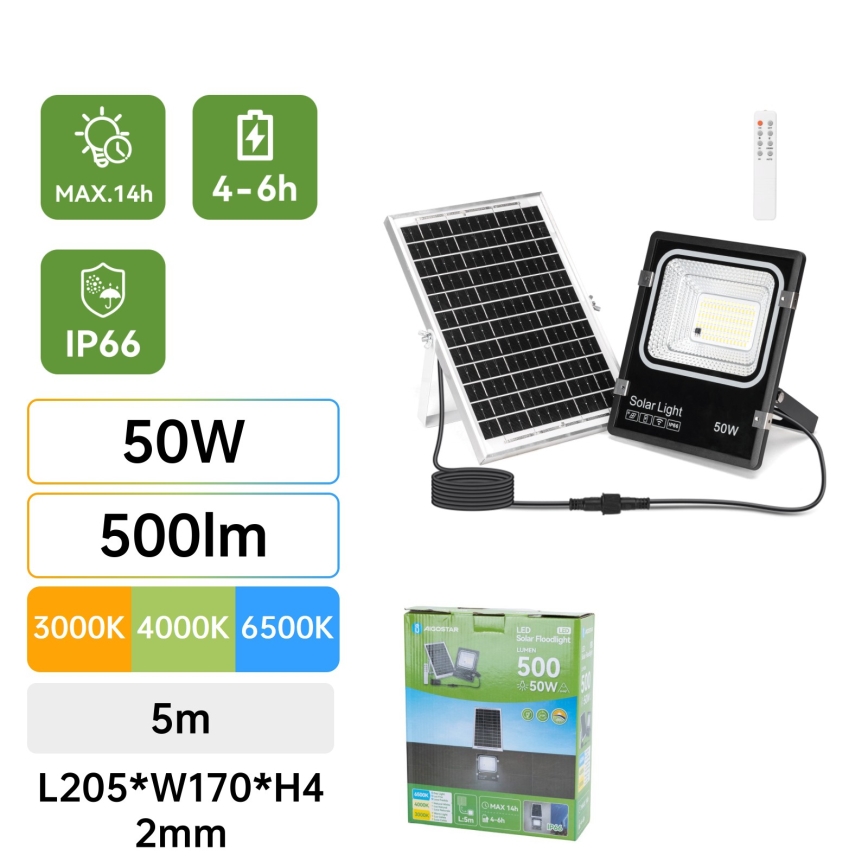 Aigostar - LED Zonne-schijnwerper LED/50W/3,2V 1200mAh 3000K/4000K/6500K IP66 + afstandsbediening