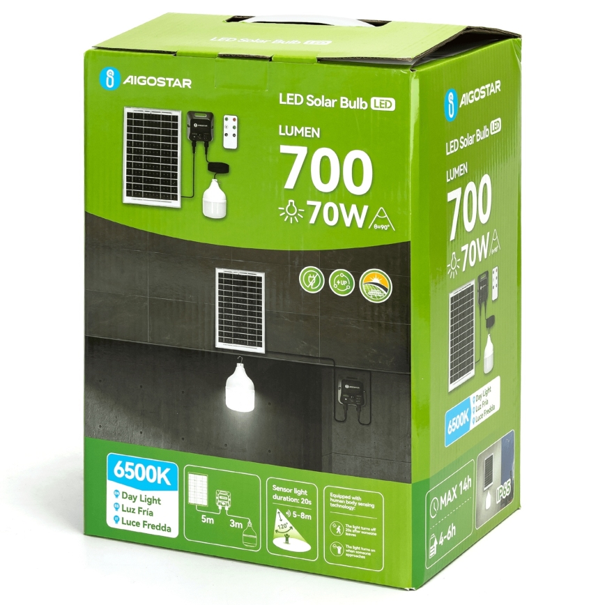 Aigostar - LED-zonnelamp met sensor, 70W/12V, 6000 mAh, 6500K, IP65, Ø 12 cm + afstandsbediening