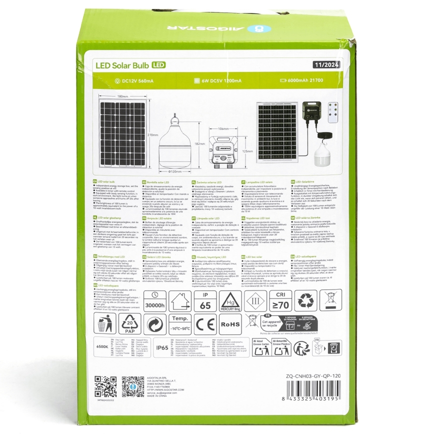 Aigostar - LED-zonnelamp met sensor, 70W/12V, 6000 mAh, 6500K, IP65, Ø 12 cm + afstandsbediening