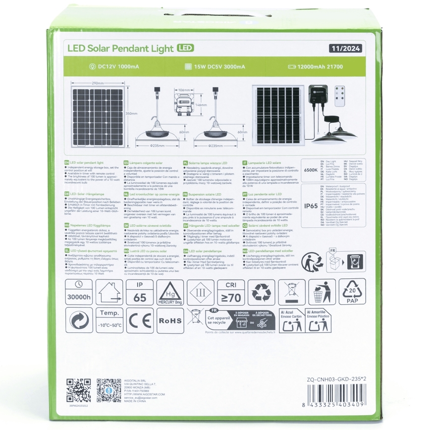 Aigostar - LED-kroonluchter op zonne-energie 2xLED/70W/12V 12000 mAh 6500K IP65 Ø 23,5 cm + afstandsbediening