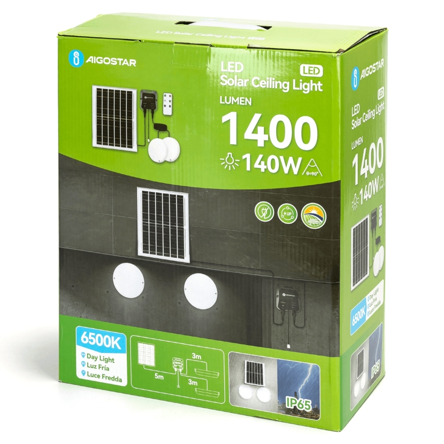 Aigostar - LED-zonneverlichting 2xLED/70W/12V 12000 mAh 6500K IP65 Ø 20,5 cm + afstandsbediening