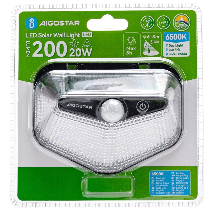 Aigostar - LED-zonneverlichting met sensor LED/3,7V 6500K 500 mAh IP65 zwart