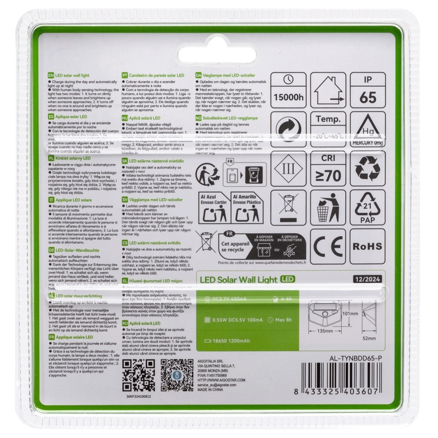 Aigostar - LED-zonneverlichting met sensor LED/3,7V 6500K 500 mAh IP65 zwart