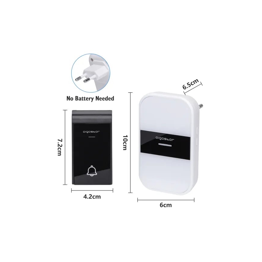 Aigostar - LOT 2x Sonnette sans fil à brancher 230V/12V IP44 blanc/noir