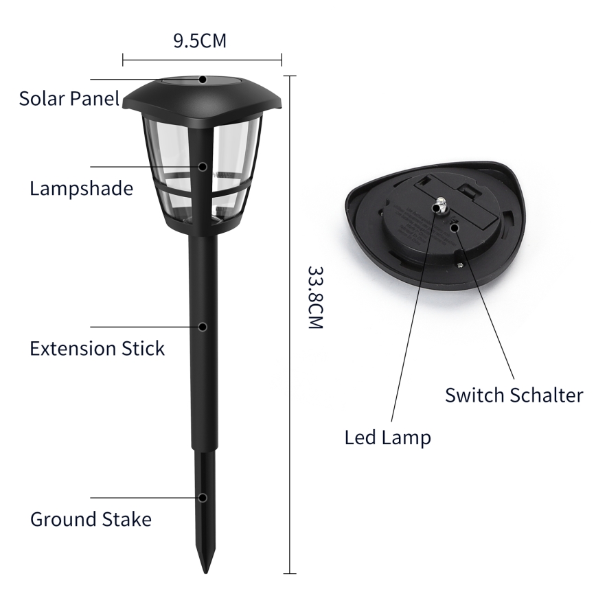 Aigostar - LOT DE 12 lampes solaires LED/0,06W/2V 33,8 cm 6500K 100 mAh IP44 noires