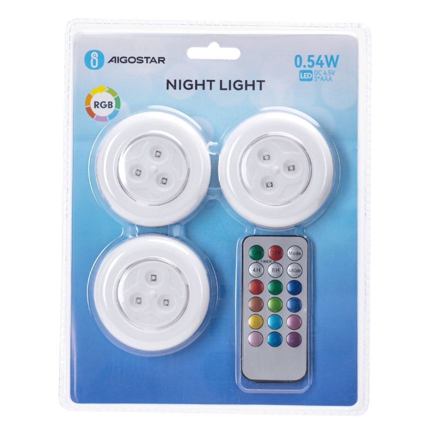 Aigostar - Lot de 3 veilleuses LED RGB portables LED/3xAAA + télécommande
