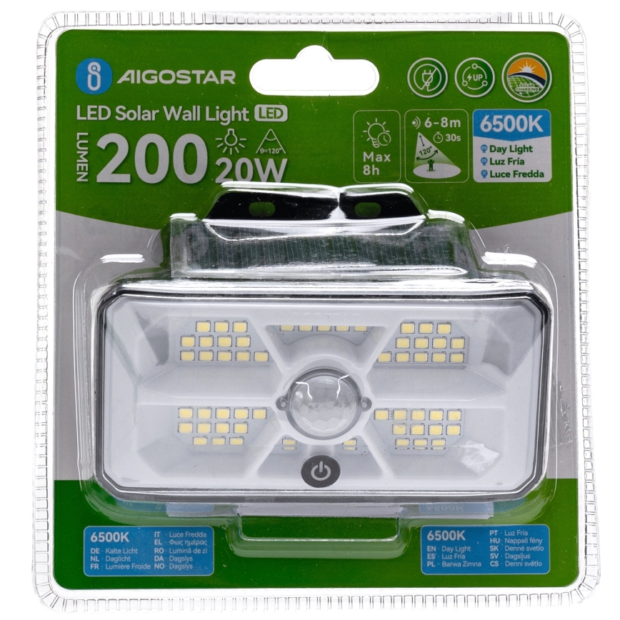 Aigostar - Luminaire solaire LED avec capteur, 3,7 V, 6500 K, 500 mAh, IP65, noir