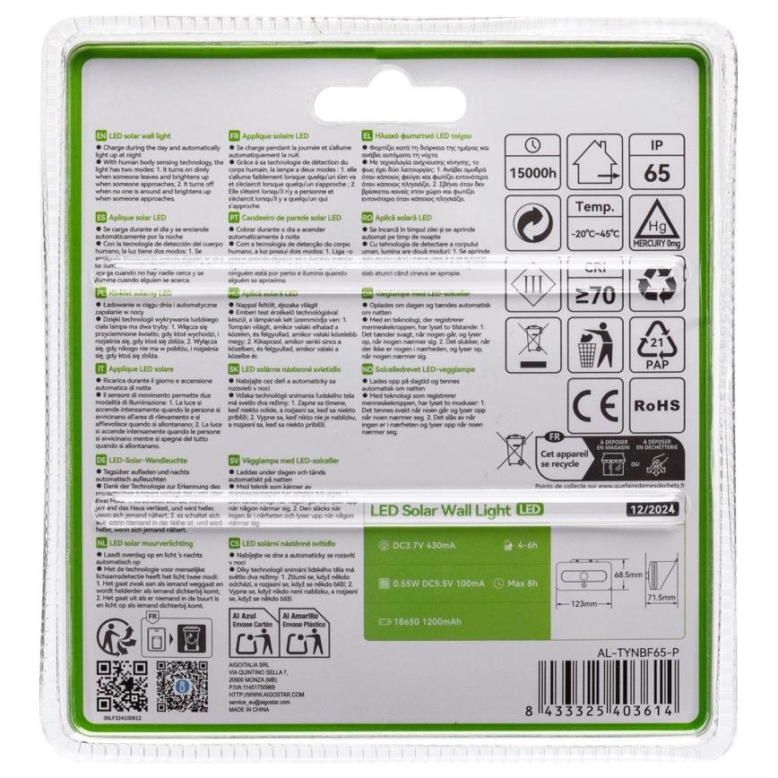 Aigostar - Luminaire solaire LED avec capteur, 3,7 V, 6500 K, 500 mAh, IP65, noir