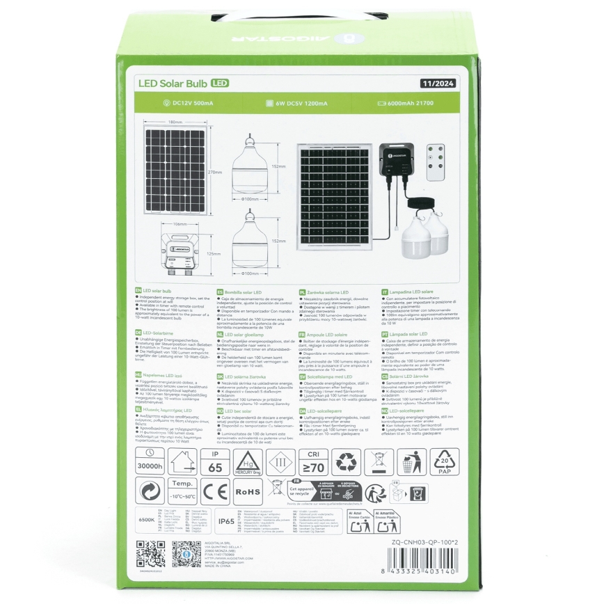 Aigostar - Lustre solaire LED 2x LED / 35 W / 12 V, 6000 mAh, 6500 K, IP65, Ø 10 cm + télécommande