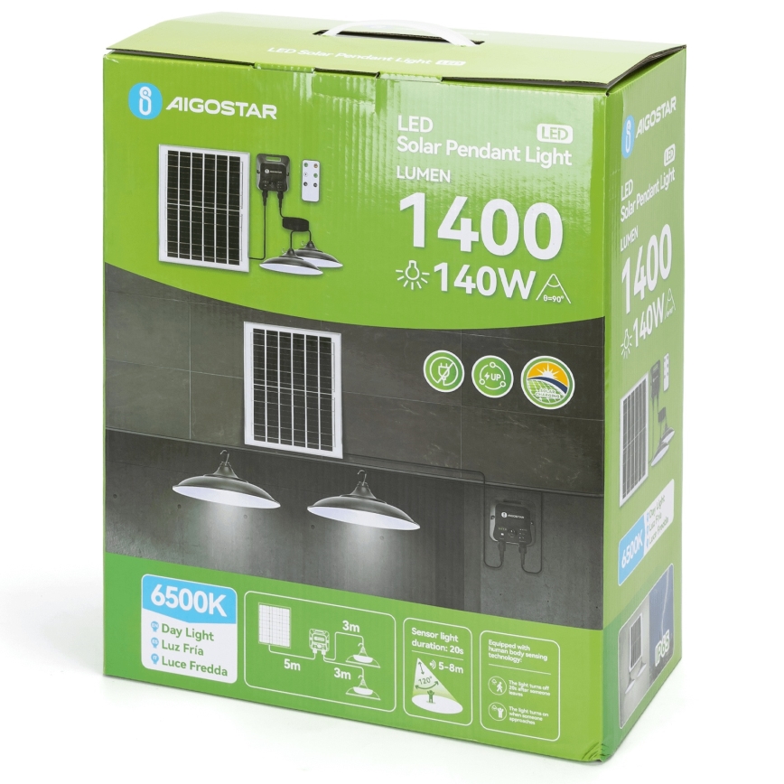 Aigostar - LED Lustre solaire avec capteur 2xLED/70W/12V 12000 mAh 6500K IP65 Ø 23,5 cm + télécommande