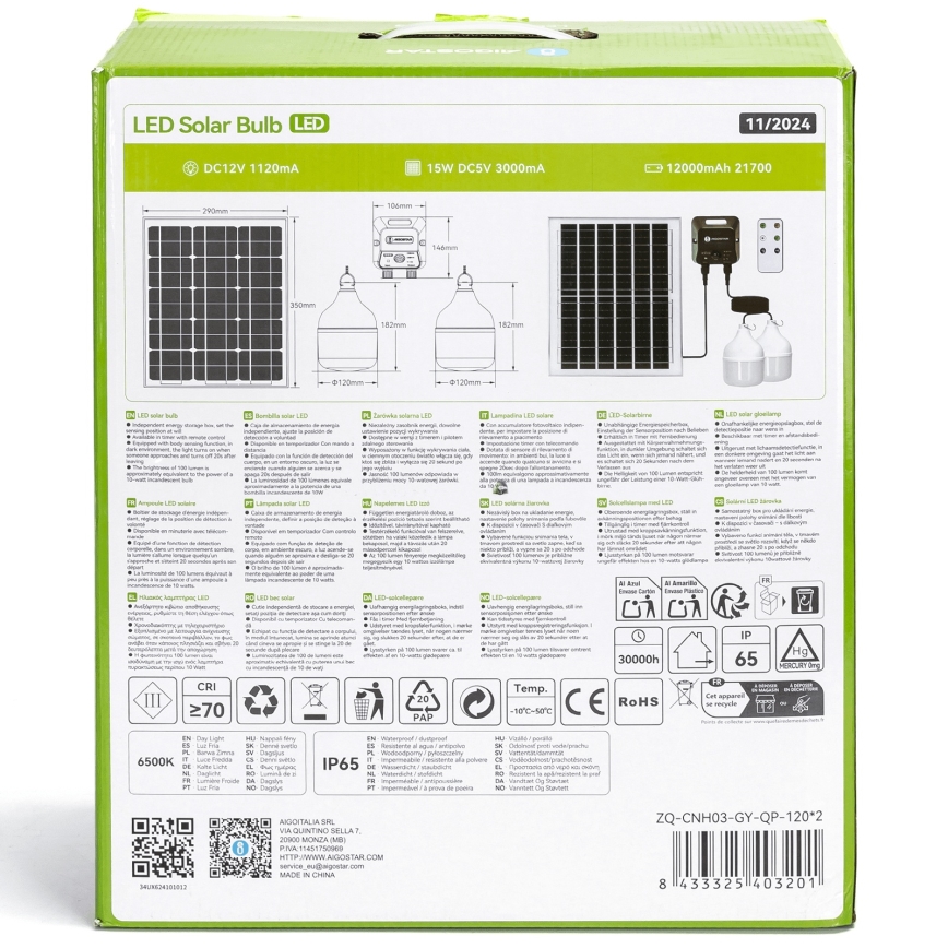 Aigostar - Luminaire solaire LED avec capteur, 2×LED, 70 W, 12 V, batterie 12 000 mAh, 6500 K, IP65, Ø 12 cm + télécommande