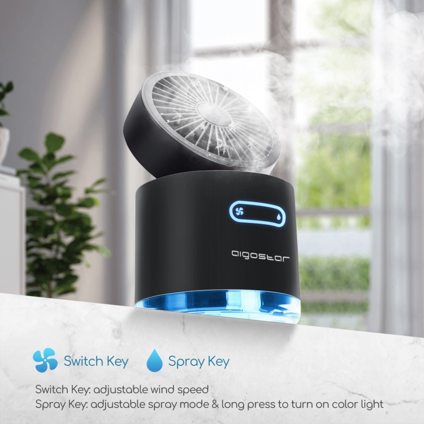 Aigostar - Mini ventilateur de table sans fil avec brumisateur MIST 10W/5V noir