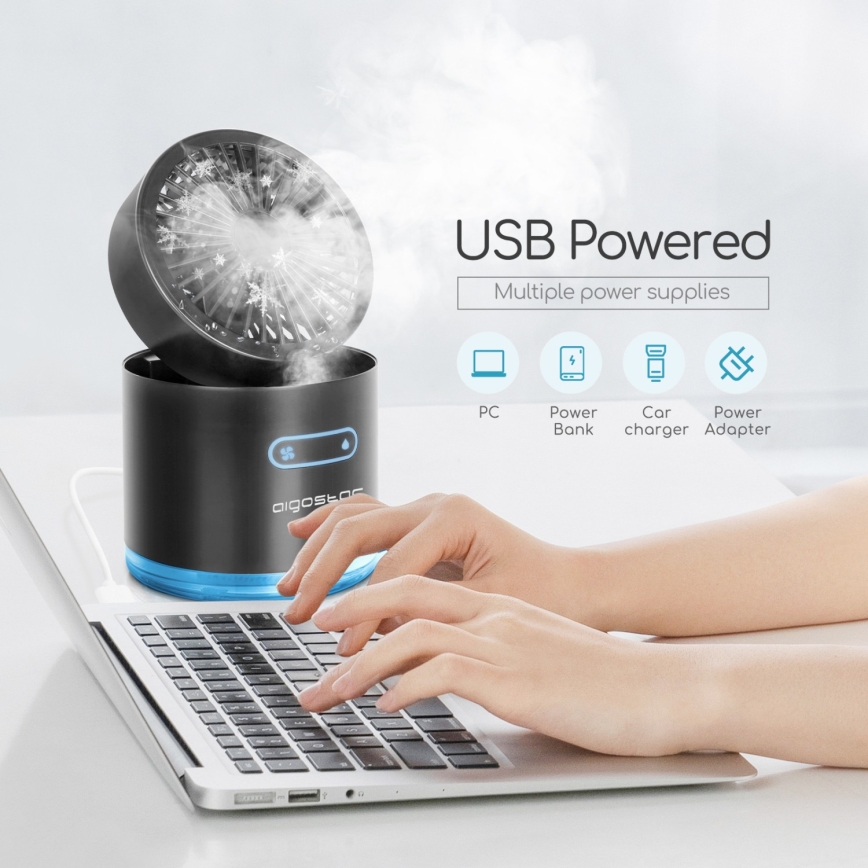 Aigostar - Mini ventilateur de table sans fil avec brumisateur MIST 10W/5V noir