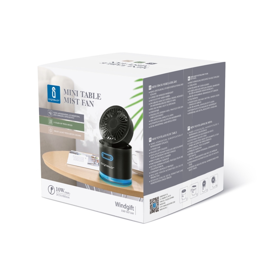 Aigostar - Mini ventilateur de table sans fil avec brumisateur MIST 10W/5V noir