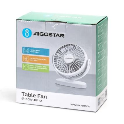 Aigostar - Oplaadbare tafelventilator 4W/5V 1500mAh wit
