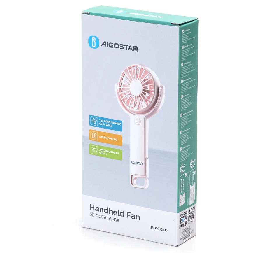 Aigostar - Oplaadbare zakventilator 4,5W/3,7V 1200mAh USB roze