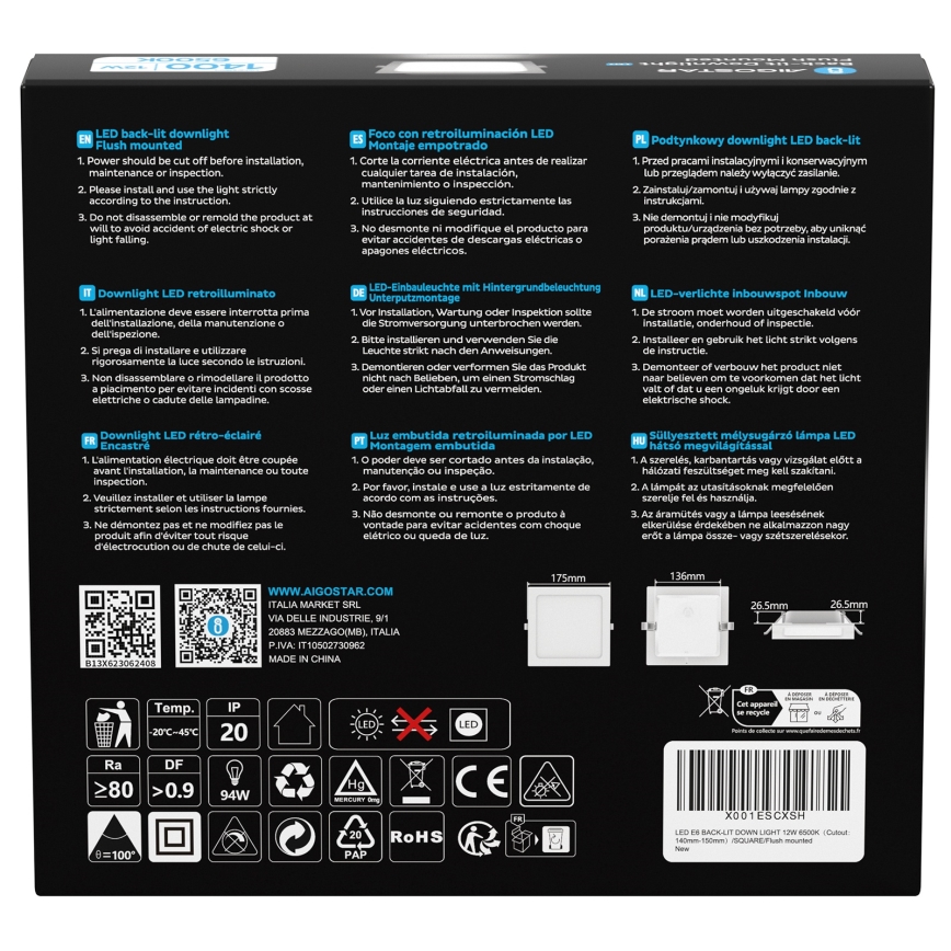 Aigostar - Plafonnier encastré LED/12W/230V 6500K 17,5x17,5 cm blanc
