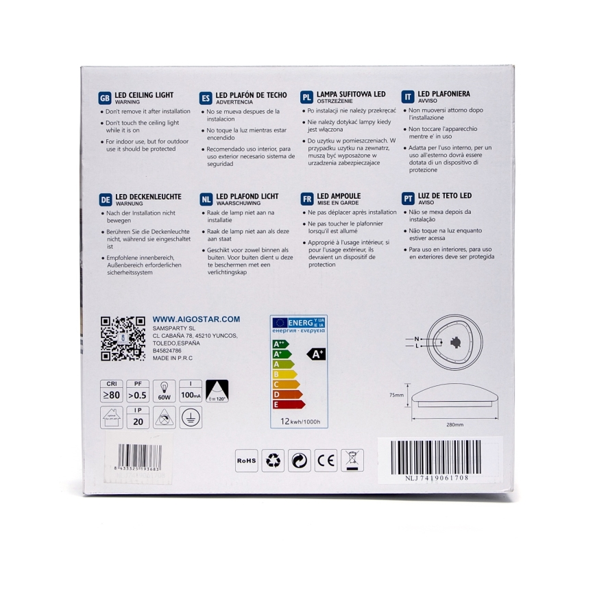 Aigostar - Plafonnier LED avec détecteur intégré, 12W/230V, 3000K, Ø 28 cm
