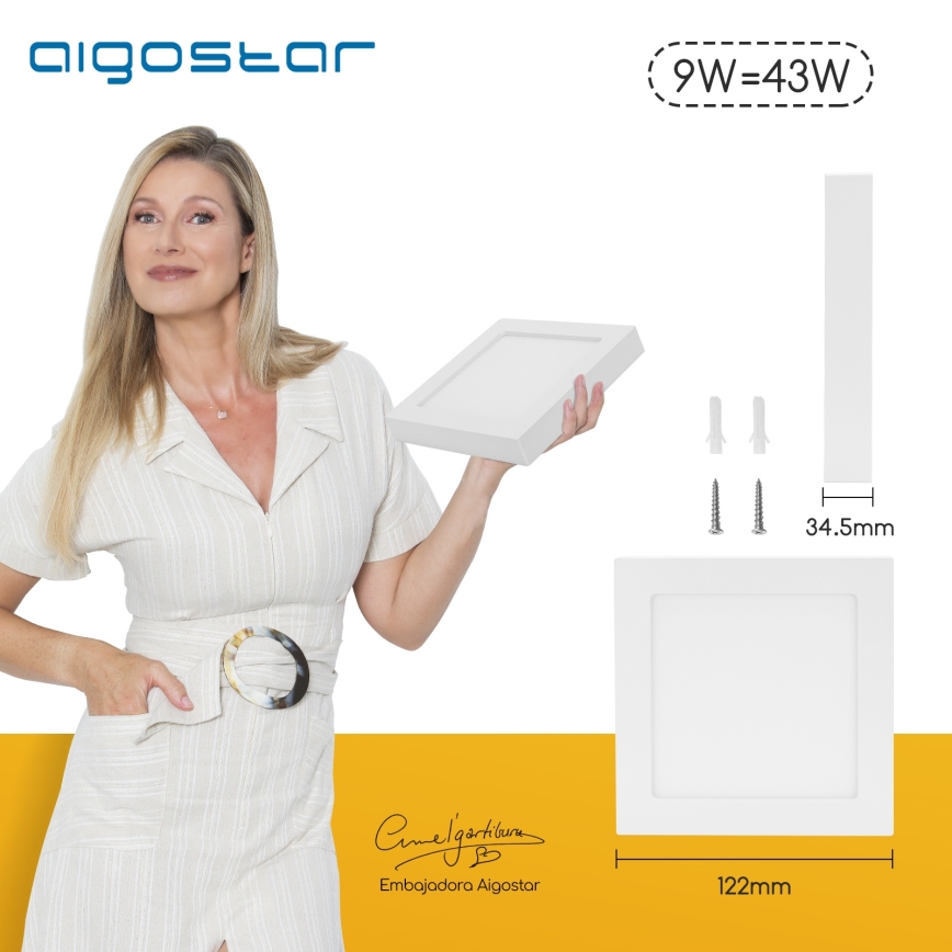 Aigostar - Plafonnier LED en applique LED/9W/230V 6000K 12,2x12,2 cm blanc