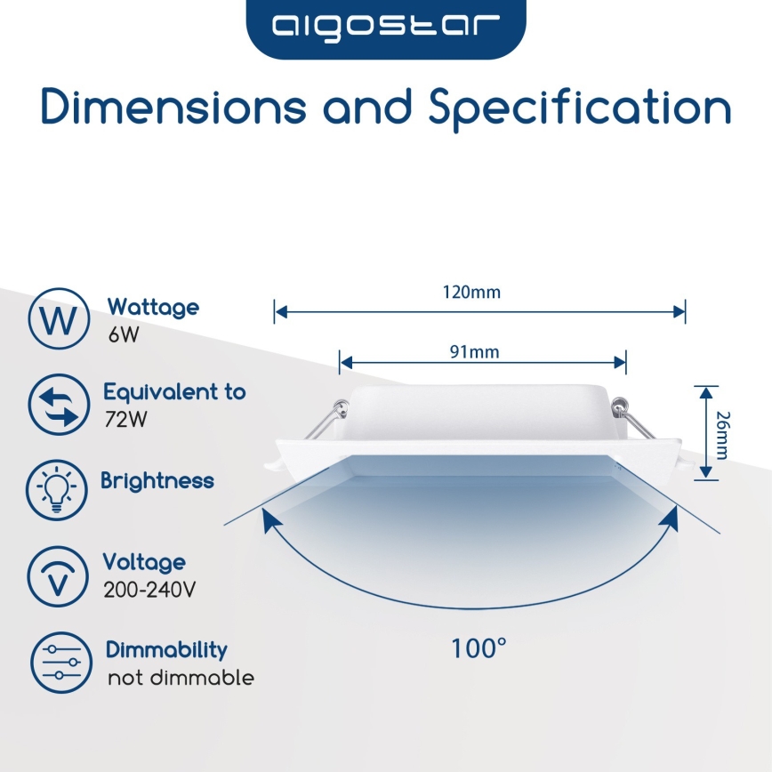 Aigostar - Plafonnier LED encastré 6W 230V 4000K 12x12 cm blanc