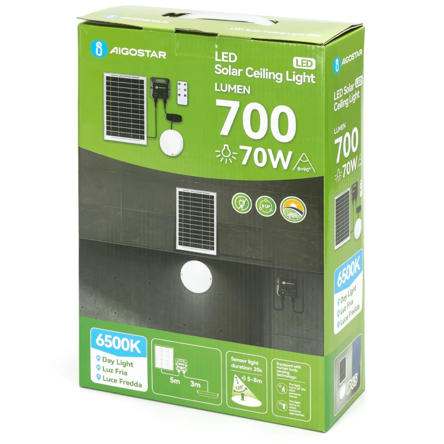 Aigostar - Plafonnier solaire LED avec capteur LED/70W/3,7V 6000 mAh IP65 + télécommande