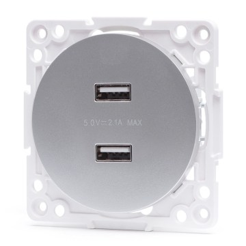Aigostar - Prise d'alimentation USB sans cadre, 2 ports USB-A, argent