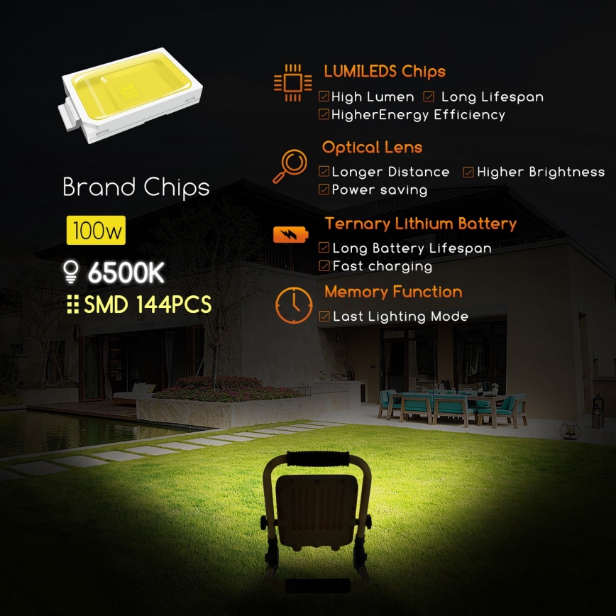 Aigostar - Projecteur à intensité variable rechargeable LED/100W/5V 6500K IP65 1500mAh