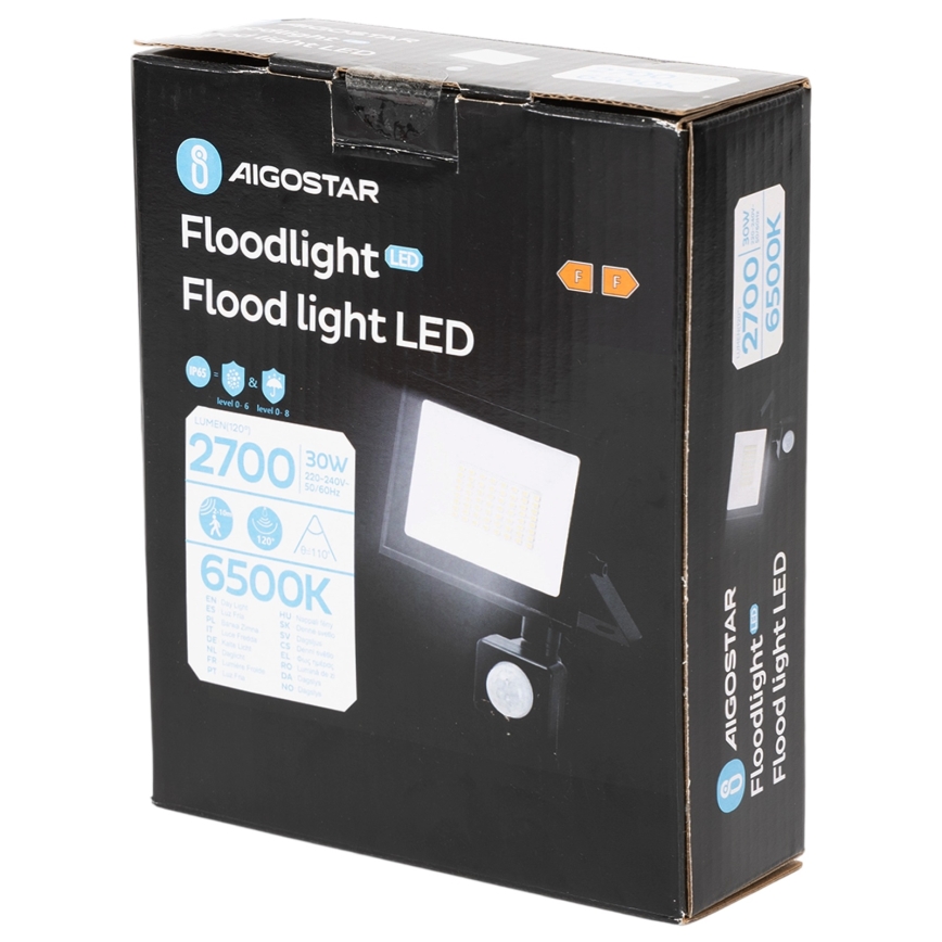 Aigostar - Projecteur LED 30W avec détecteur, 230V, 6500K, IP65