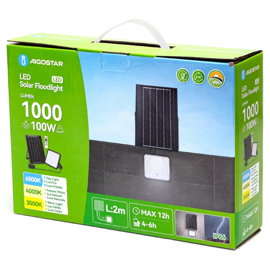 Aigostar - Projecteur solaire à intensité variable LED/100W/3,4V 3000/4000/6500K IP66 + Télécommande