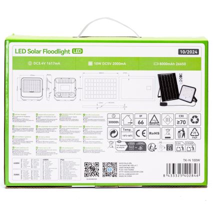 Aigostar - Projecteur solaire LED dimmable/100W/3,4V 3000/4000/6500K IP66 8000 mAh + télécommande