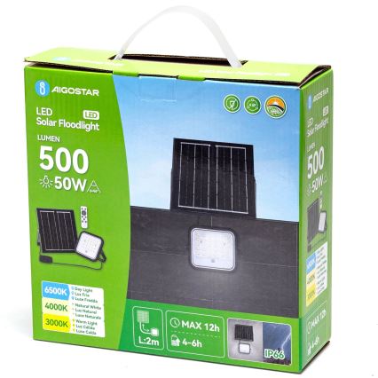 Aigostar - Projecteur solaire LED dimmable LED/50W/3,4V 3000/4000/6500K IP66 4000 mAh + télécommande