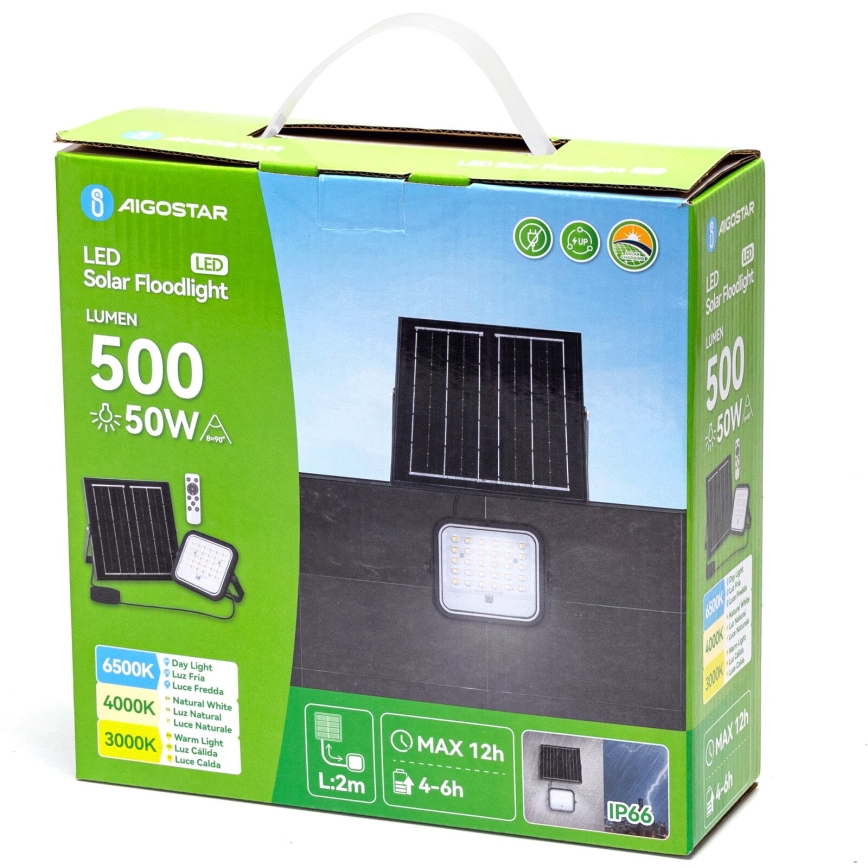 Aigostar - Projecteur solaire LED dimmable LED/50W/3,4V 3000/4000/6500K IP66 4000 mAh + télécommande