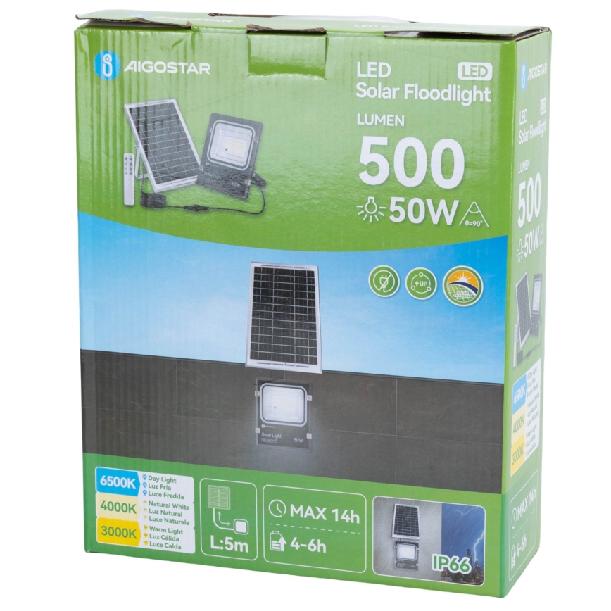 Aigostar - Projecteur solaire LED dimmable LED/50W/3,2V 1200mAh 3000K/4000K/6500K IP66 + télécommande