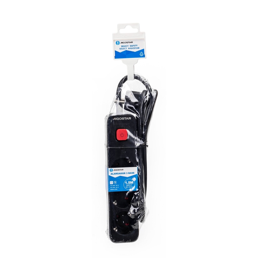 Aigostar - Rallonge avec interrupteur 3Z Type F 1,5m SCHUKO noir