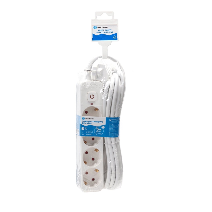 Aigostar - Rallonge avec interrupteur 4Z Type F 5m SCHUKO blanc