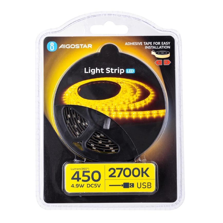 Aigostar - Ruban 2m LED/4,9W/5V 2700K IP65 noir