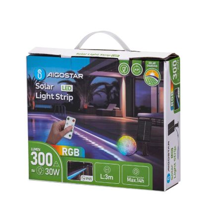 Aigostar - Ruban LED solaire RVB dimmable LED/1,6W/3,2V 3+2m IP65 1800 mAh + télécommande