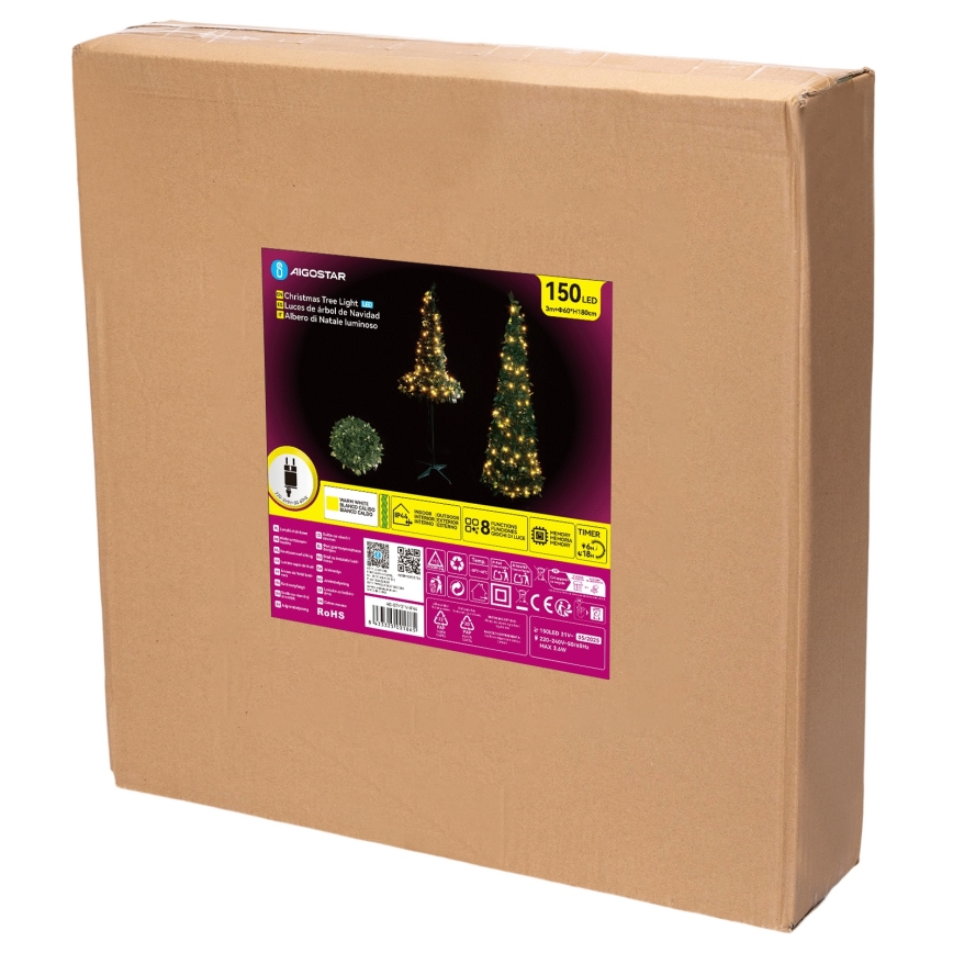 Aigostar - Sapin de Noël LED d'extérieur 150 LED, 1,8 m, IP44, vert, blanc chaud