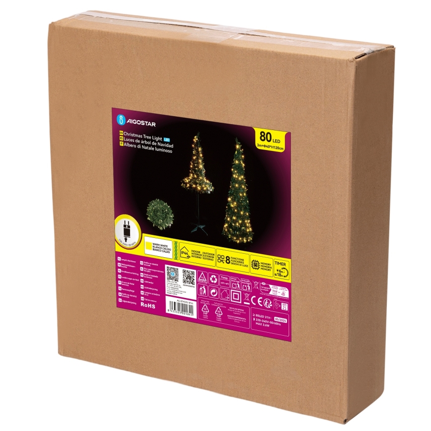 Aigostar - Arbre de Noël LED d'extérieur 80 LED 1,2 m IP44 vert, blanc chaud