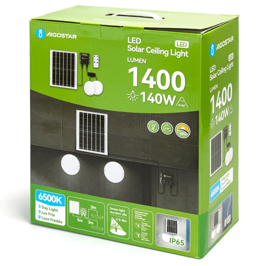 Aigostar - LED-plafondlamp op zonne-energie met sensor 2xLED/70W/3,7V 12000 mAh IP65 + afstandsbediening