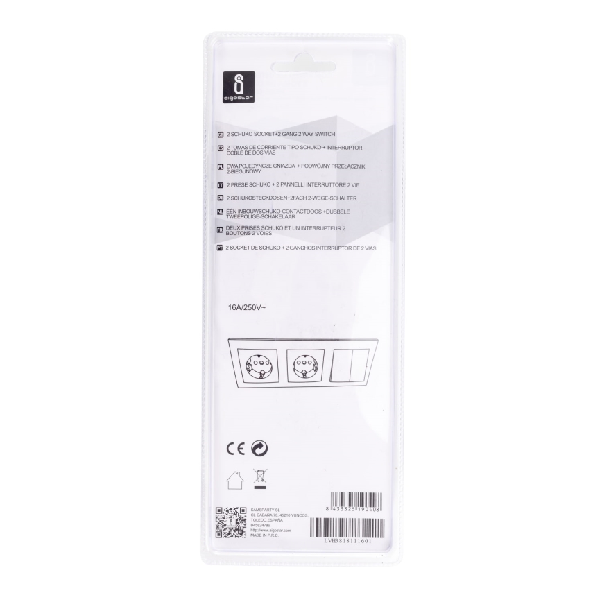Aigostar - SET van 2x Stopcontact met schakelaar 2x16A/250V SCHUKO
